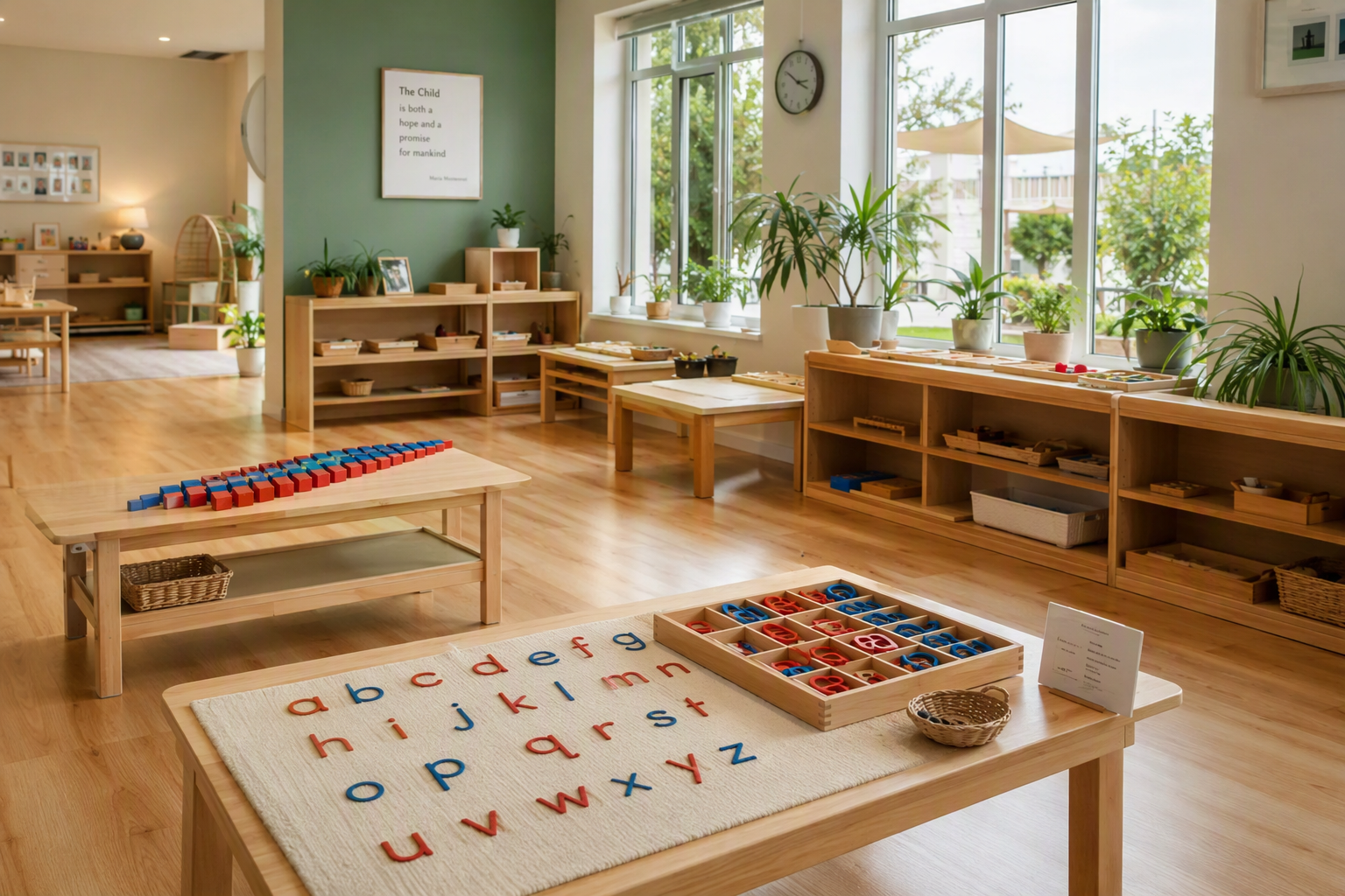 A Montessori casa classroom prepared for the morning work cycle