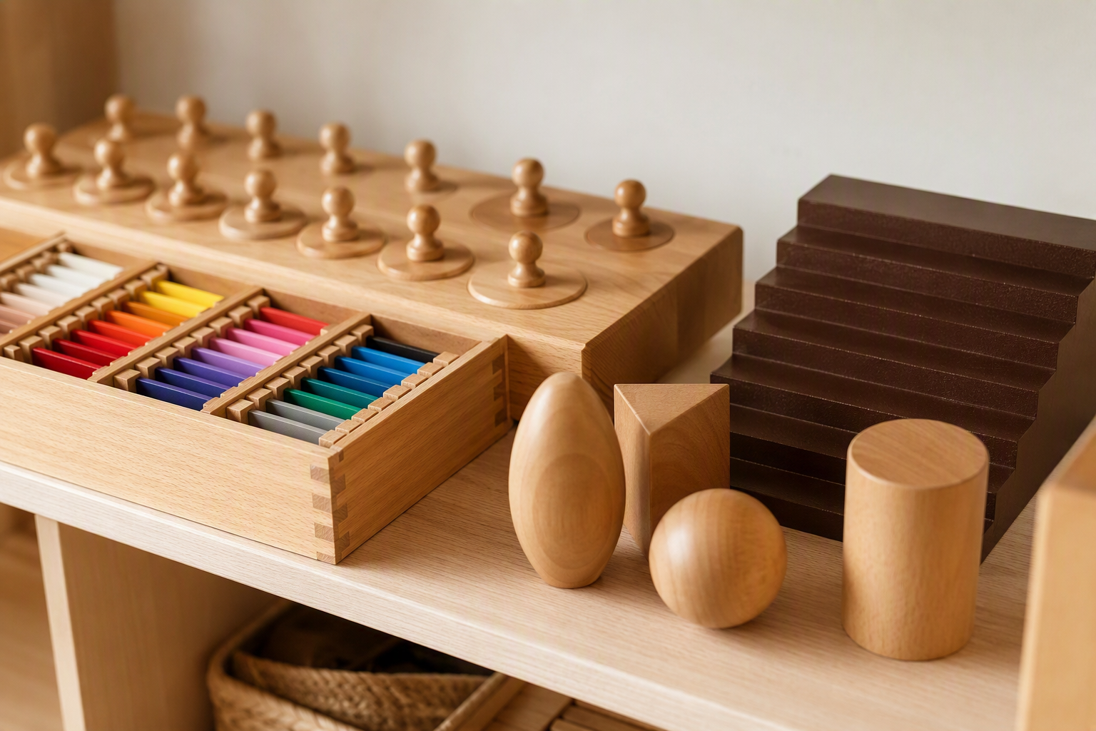 Wooden Montessori sensorial materials arranged on a pale oak shelf