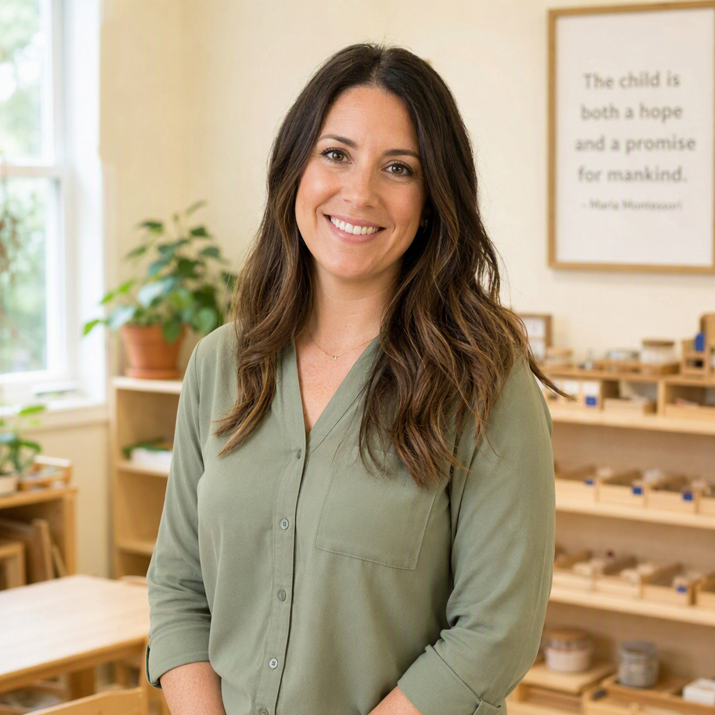 A British Oak Montessori guide in a prepared classroom