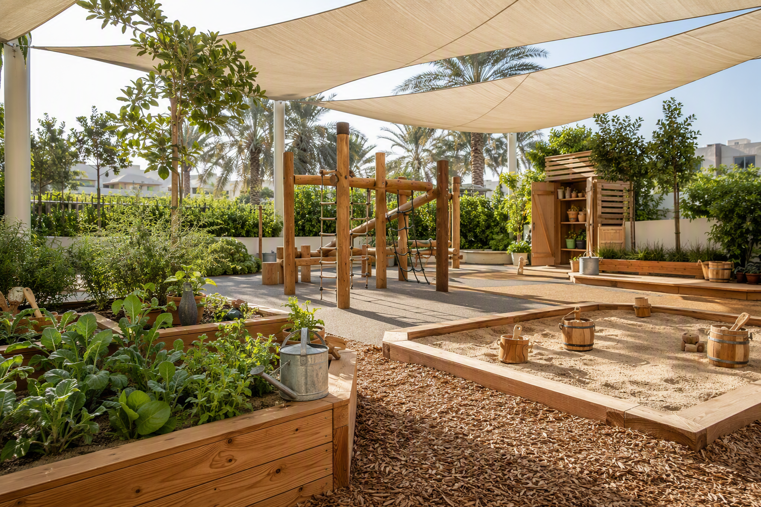 A shaded outdoor nursery garden with a wooden climbing frame and raised planting beds